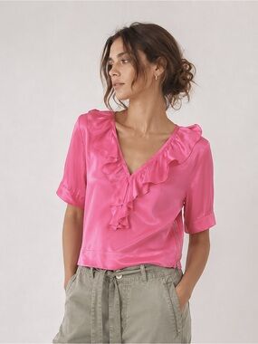 W by Worth Hot Pink Satin Ruffle V-Neck Blouse